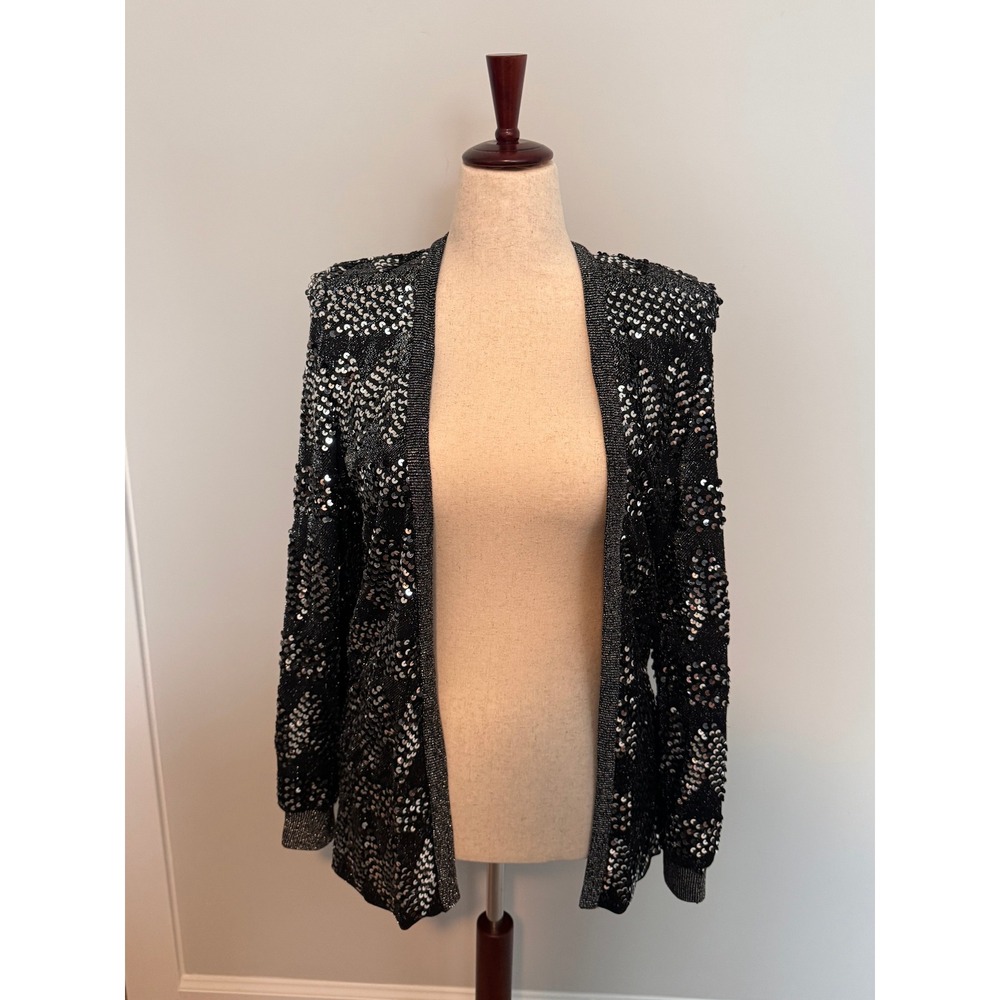 A.J. BARI | Sequin Cardigan Women 12 Black Silver Metallic Vintage 80s Glam